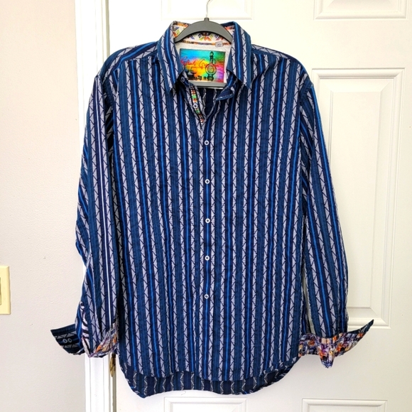 Robert Graham Flip Cuff Shirt Blue Striped Button Guitars Rock & Roll Mens Large - Picture 1 of 14